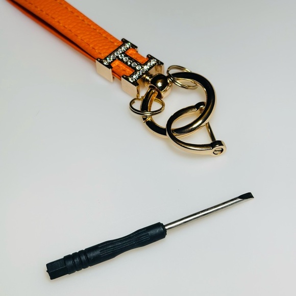 H Orange Leather Keychain with Gold Accents - Picture 4 of 4